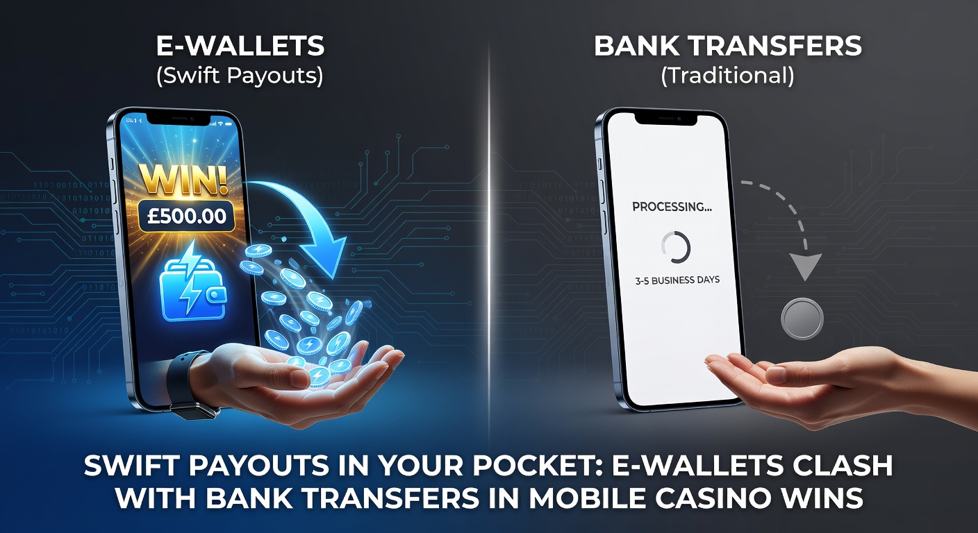 Vergleichstabelle mit Uhrzeigern, die Auszahlungszeiten von E-Wallets (Minuten) und Banktransfers (Tage) illustrieren, umgeben von Casino-Symbolen und Smartphones